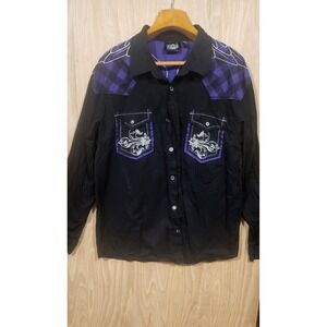 Y2K Glench Shirt Size 4XL Black And Purple Embroidered‎ Button Up Long Sleeve.